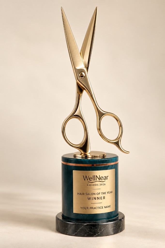 Illustrative gold scissors trophy on a green marble base